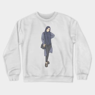 Beautiful woman wearing a hijab wearing a blue shirt with a blue cardigan and tight black trousers Crewneck Sweatshirt